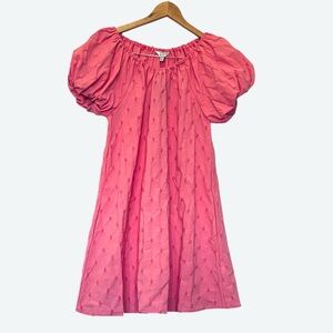 Crown & Ivy Puff Sleeve Barbie Pink Shift Mini Dress EmbroiderTextured Pockets S